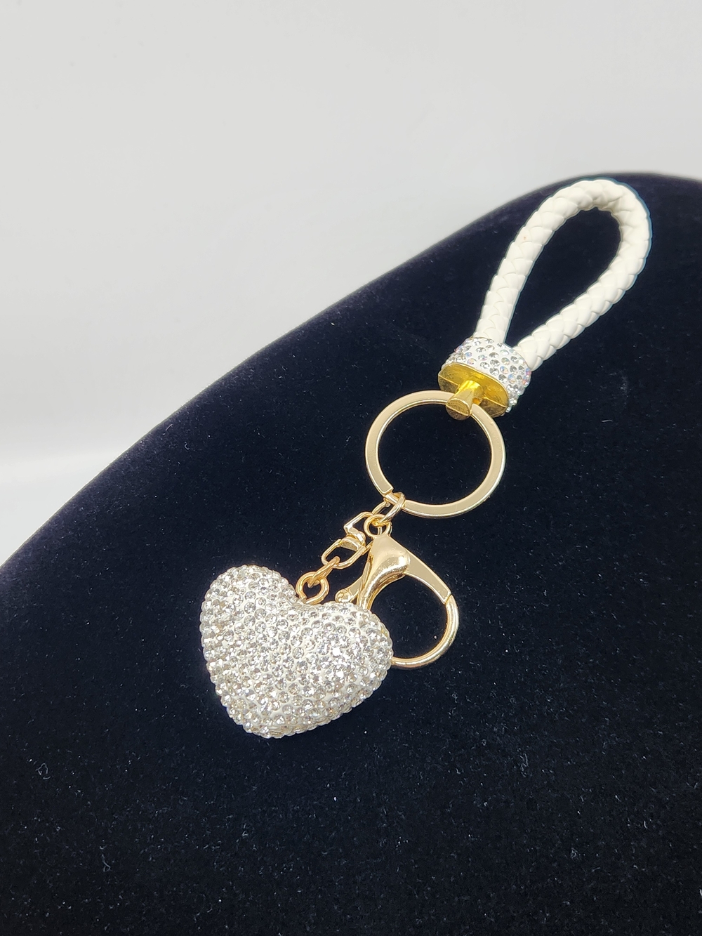 Crystal Pave Heart Keychain in Gold and White